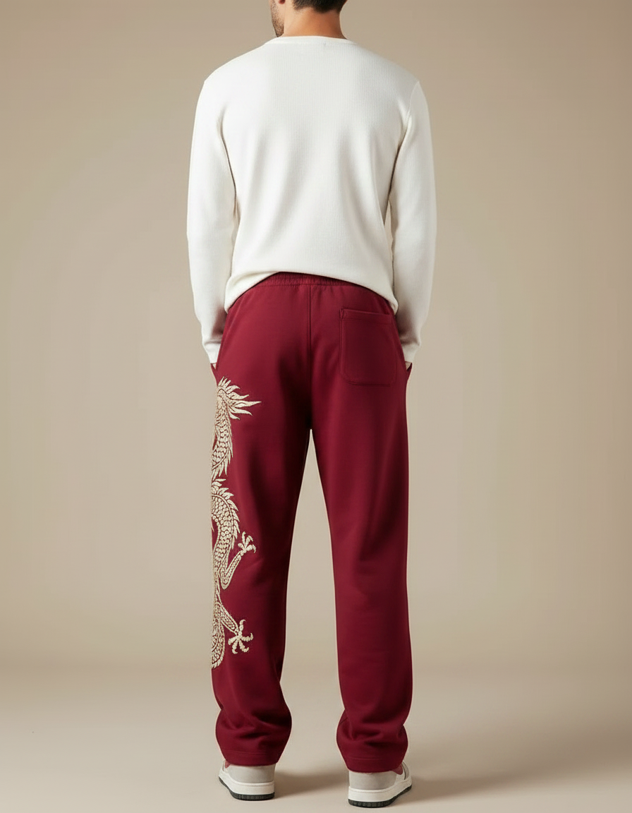 Pantalon Fluide Rouge Ample Dragon Chinois Décontracté Homme - Bordeaux Molleton - vue 2