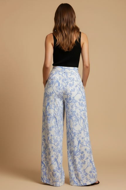 Pantalon Fluide Blanc Bleu Imprimé Floral Ample - Lin - vue 2