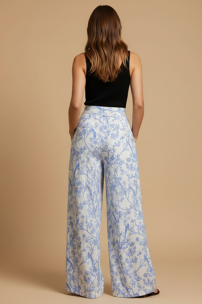 Pantalon Fluide Blanc Bleu Imprimé Floral Ample - Lin - vue 2