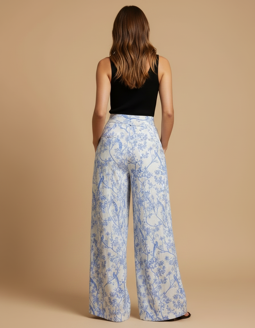Pantalon Fluide Blanc Bleu Imprimé Floral Ample - Lin - vue 2