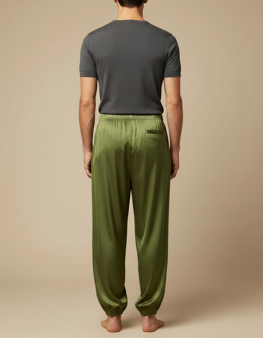 Pantalon Fluide Vert Ample Satiné Homme Élastique - vue 2