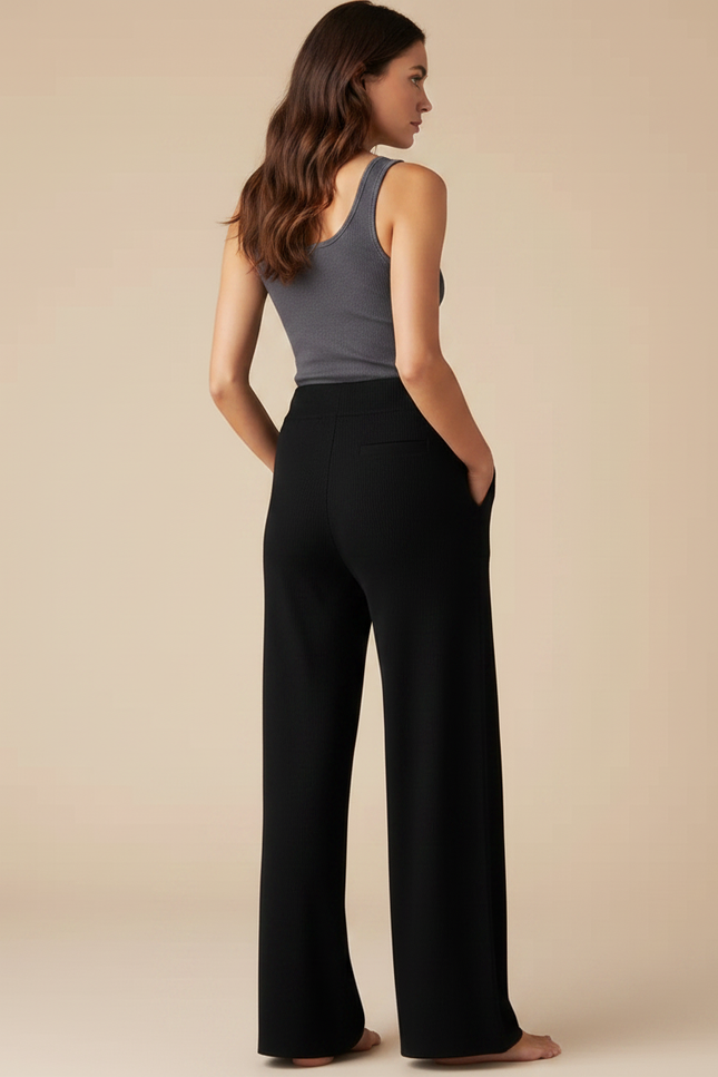 Pantalon Fluide Noir Ample Maille Cordon Décontracté - vue 2