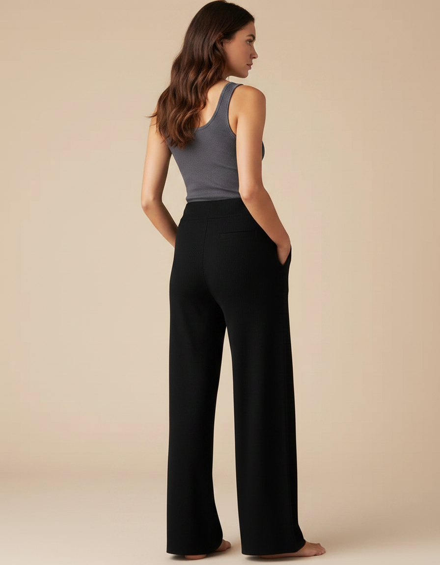 Pantalon Fluide Noir Ample Maille Cordon Décontracté - vue 2