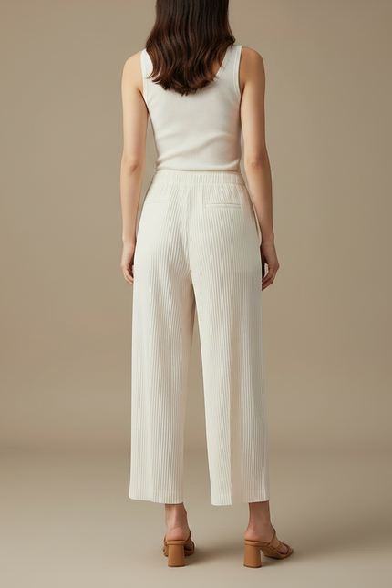 Pantalon Fluide Plissé Écru Ample Décontracté Femme - Beige Polyester - vue 2