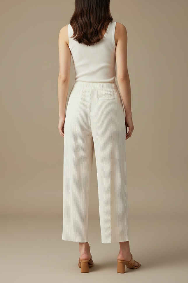 Pantalon Fluide Plissé Écru Ample Décontracté Femme - Beige Polyester - vue 2