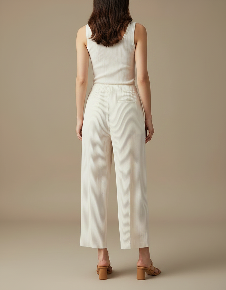 Pantalon Fluide Plissé Écru Ample Décontracté Femme - Beige Polyester - vue 2