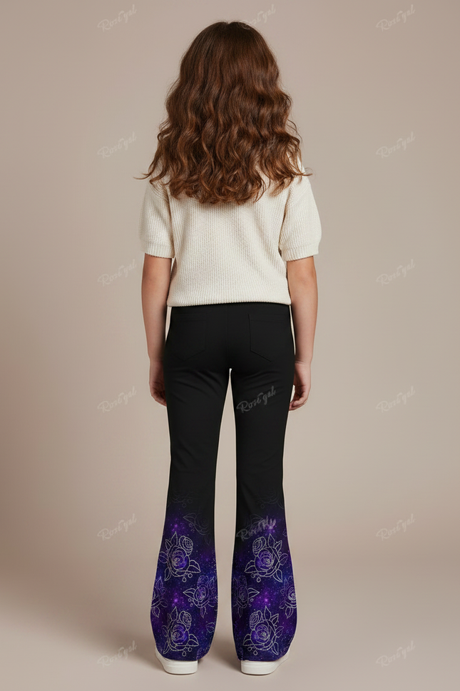 Pantalon Fluide Noir Évasé Imprimé Fleuri Galaxie Fille - Polyester - vue 2