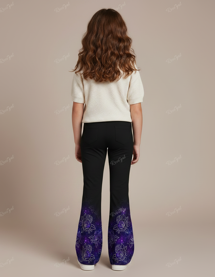 Pantalon Fluide Noir Évasé Imprimé Fleuri Galaxie Fille - Polyester - vue 2
