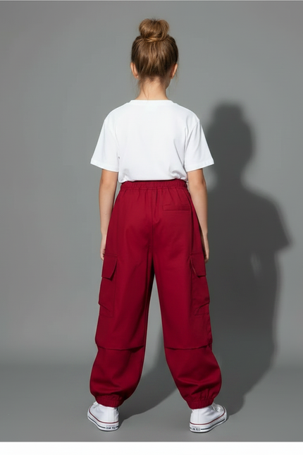 Pantalon Fluide Rouge Cargo Ample Streetwear Enfant - Polyester - vue 2