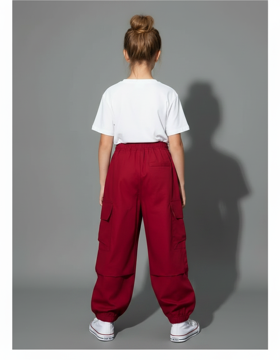 Pantalon Fluide Rouge Cargo Ample Streetwear Enfant - Polyester - vue 2