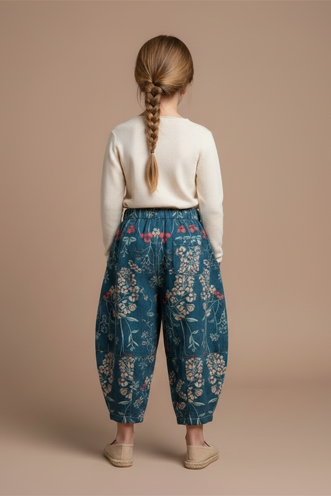 Pantalon Fluide Bleu Floral Ample Enfant Coton - vue 2