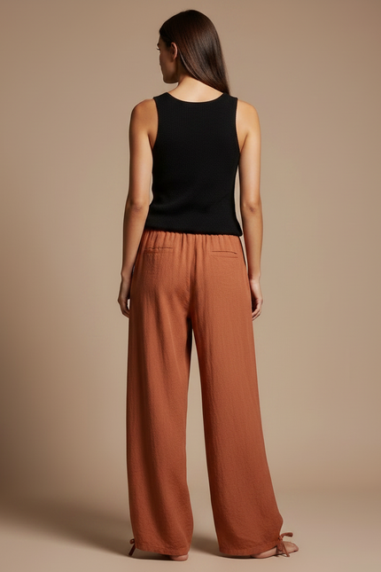 Pantalon Fluide Marron Ample Coton Lin Cordon - vue 2