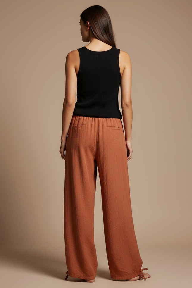 Pantalon Fluide Marron Ample Coton Lin Cordon - vue 2