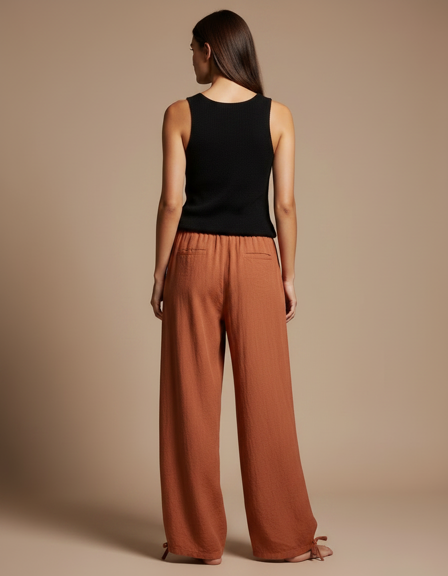 Pantalon Fluide Marron Ample Coton Lin Cordon - vue 2