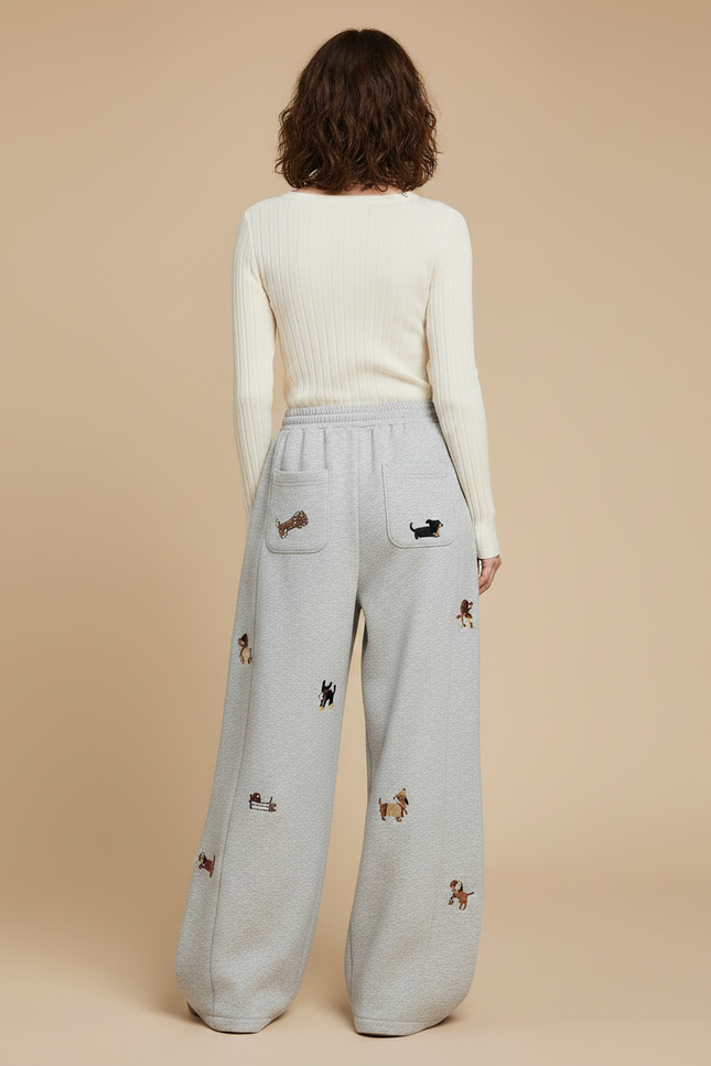 Pantalon Fluide Gris Brodé Chien Ample Décontracté - Molleton - vue 2