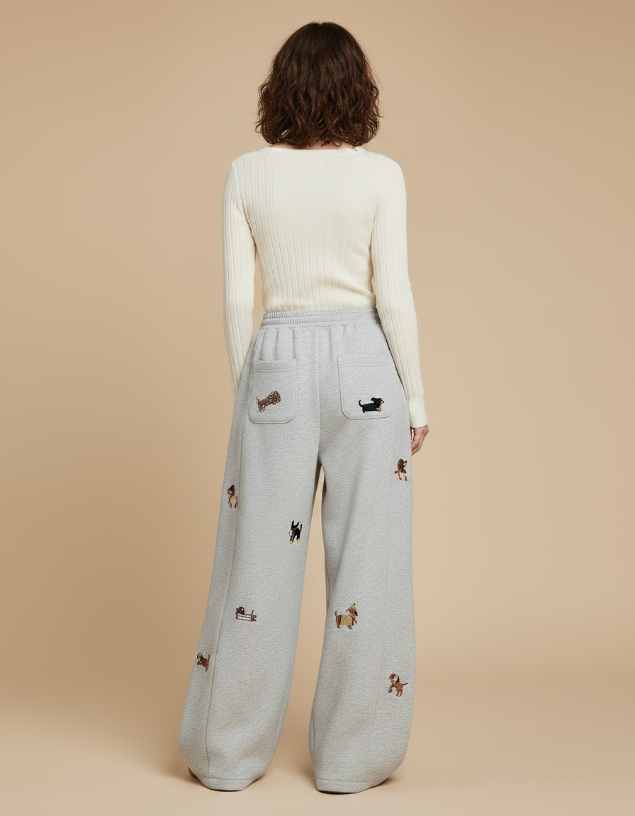 Pantalon Fluide Gris Brodé Chien Ample Décontracté - Molleton - vue 2
