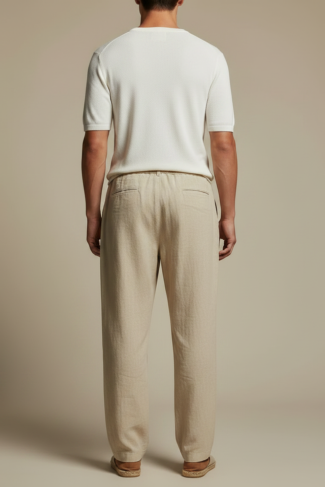 Pantalon Fluide Beige Lin Ample Décontracté Cordon Homme - vue 2
