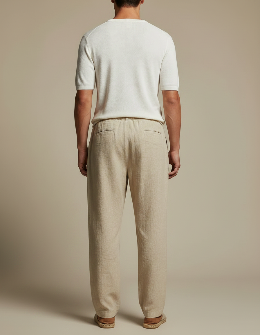 Pantalon Fluide Beige Lin Ample Décontracté Cordon Homme - vue 2