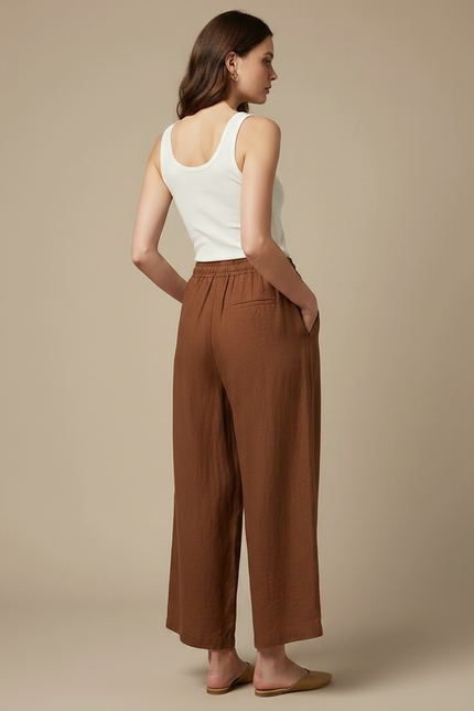 Pantalon Fluide Marron Lin Ample Cordon Décontracté - vue 2