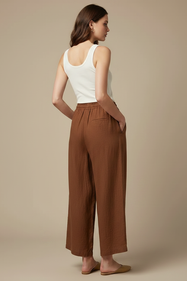 Pantalon Fluide Marron Lin Ample Cordon Décontracté - vue 2