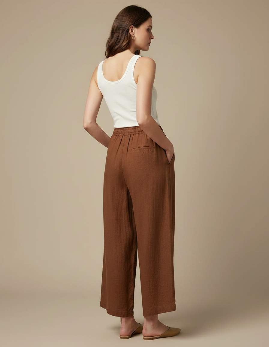 Pantalon Fluide Marron Lin Ample Cordon Décontracté - vue 2
