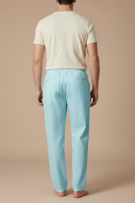 Pantalon Fluide Homme Bleu Ciel Lin Cordon Décontracté - vue 2