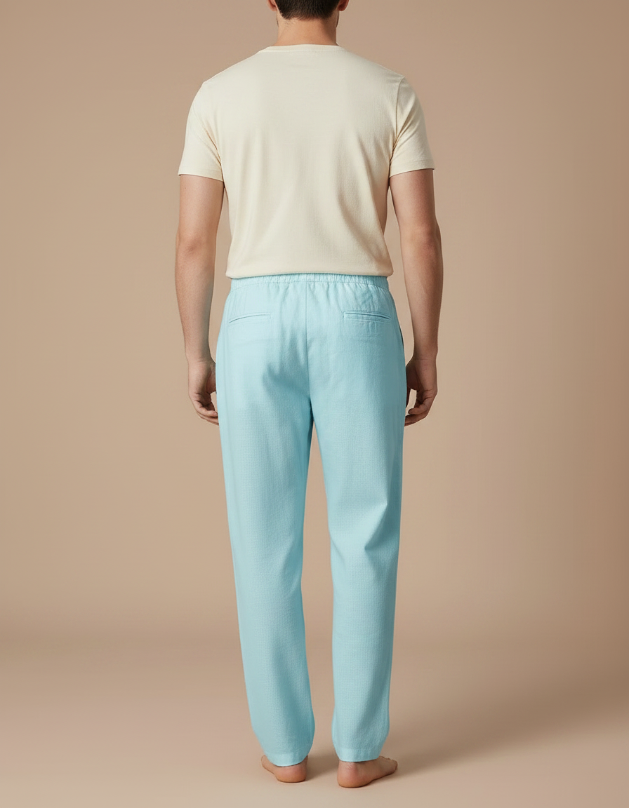 Pantalon Fluide Homme Bleu Ciel Lin Cordon Décontracté - vue 2