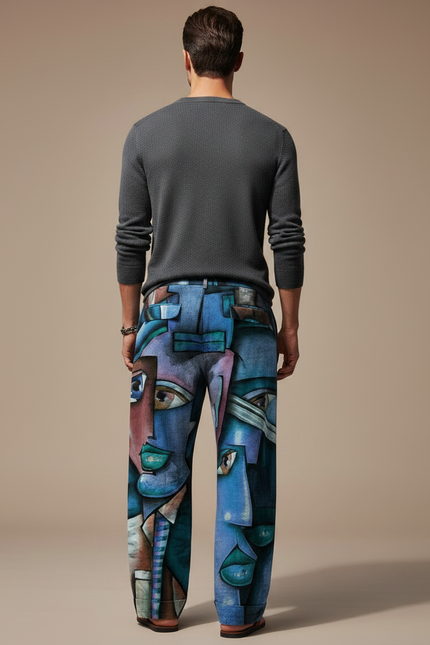 Pantalon Fluide Bleu Imprimé Visages Abstraits Décontracté Homme - Viscose - vue 2