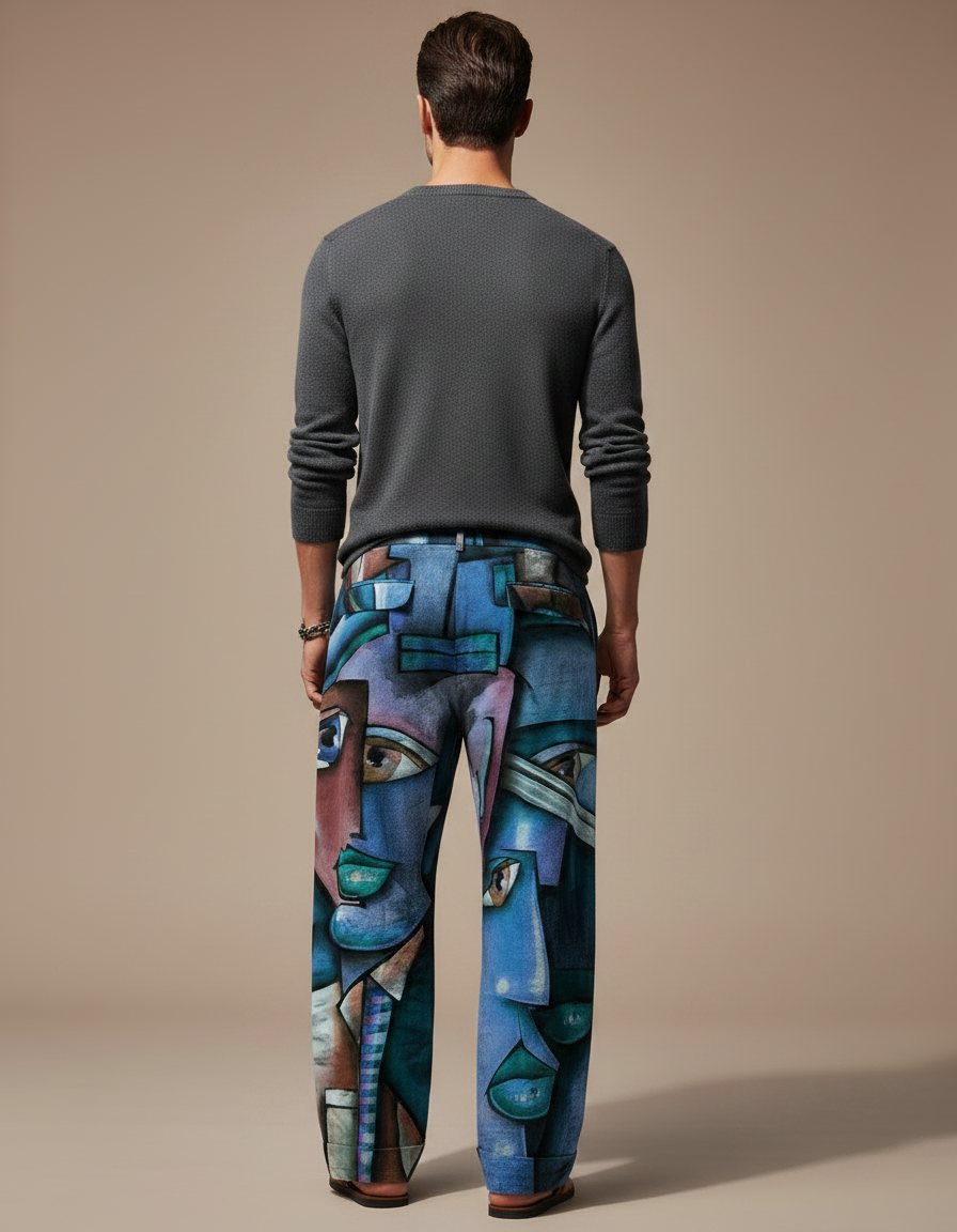 Pantalon Fluide Bleu Imprimé Visages Abstraits Décontracté Homme - Viscose - vue 2