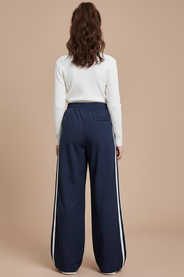 Pantalon Fluide Bleu Marine Ample Rayures Blanches Sport - Polyester - vue 2