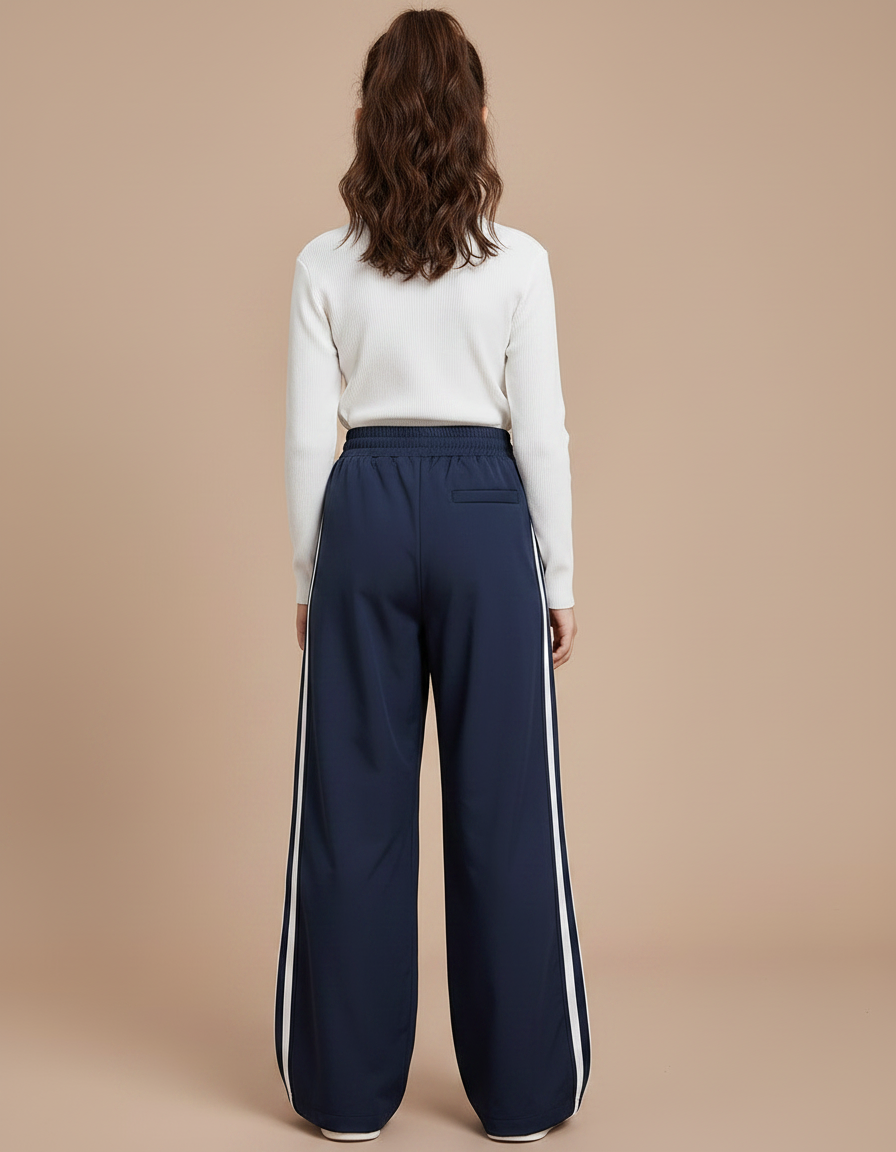 Pantalon Fluide Bleu Marine Ample Rayures Blanches Sport - Polyester - vue 2