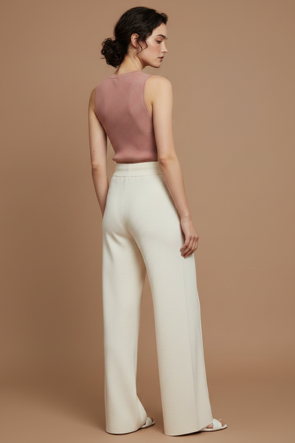 Pantalon Fluide Écru Maille Cordon Ample Femme - Beige - vue 2