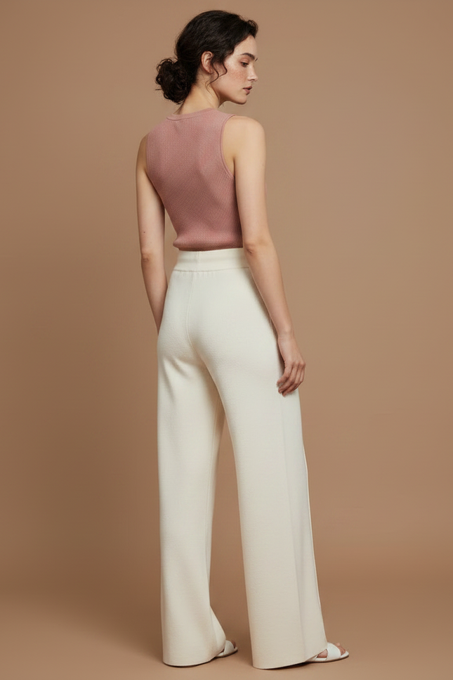 Pantalon Fluide Écru Maille Cordon Ample Femme - Beige - vue 2
