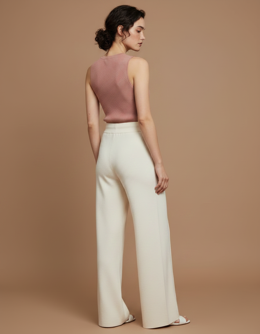Pantalon Fluide Écru Maille Cordon Ample Femme - Beige - vue 2