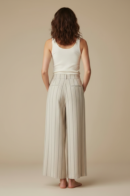 Pantalon Fluide Beige Rayé Ample Lin Décontracté Femme - vue 2