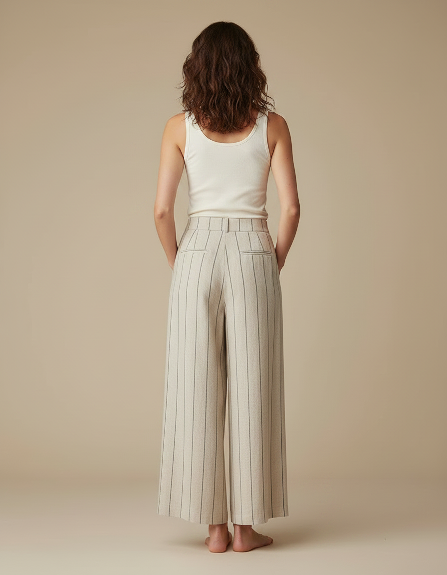 Pantalon Fluide Beige Rayé Ample Lin Décontracté Femme - vue 2