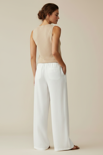 Pantalon Fluide Blanc Lin Ample Cordon Respirant - vue 2