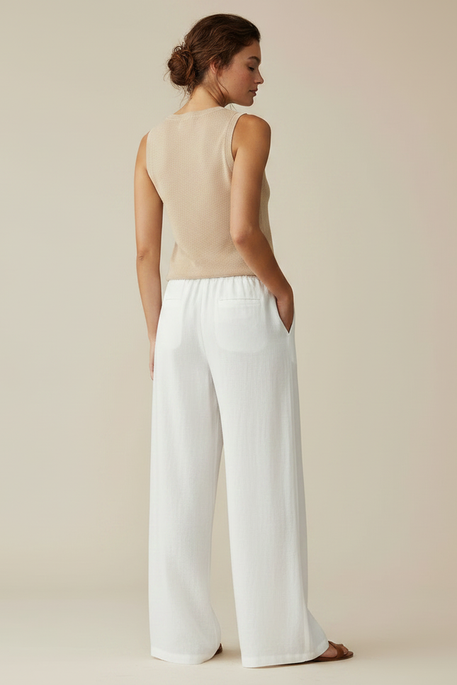 Pantalon Fluide Blanc Lin Ample Cordon Respirant - vue 2