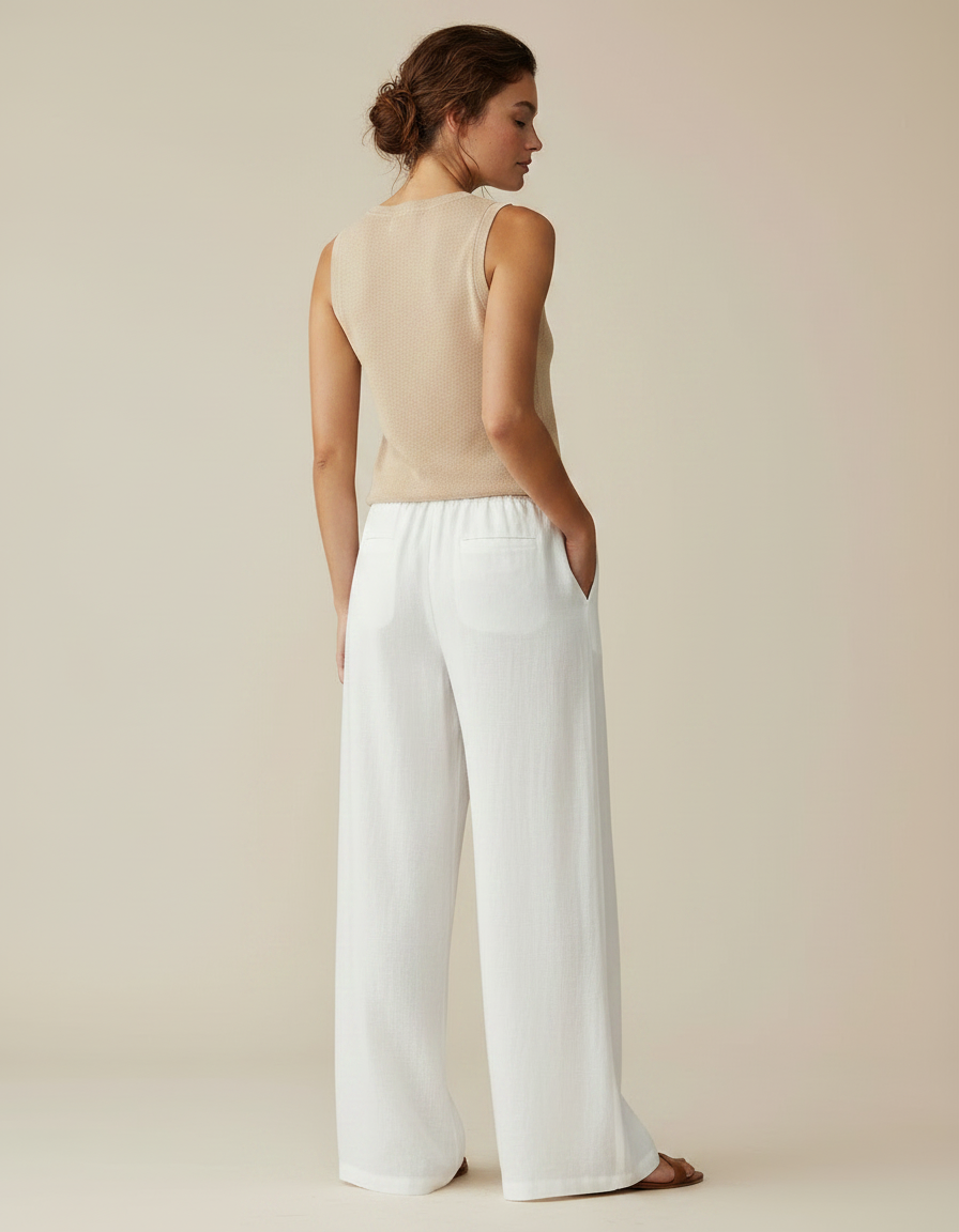 Pantalon Fluide Blanc Lin Ample Cordon Respirant - vue 2