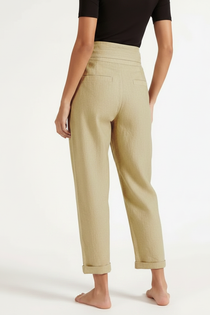 Pantalon Fluide Kaki Lin Ample Ceinture Nouée Élégant - vue 2