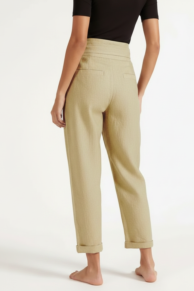 Pantalon Fluide Kaki Lin Ample Ceinture Nouée Élégant - vue 2