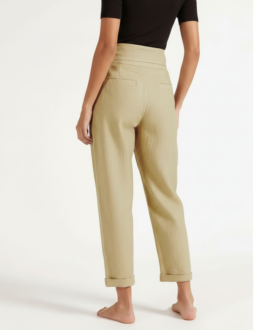 Pantalon Fluide Kaki Lin Ample Ceinture Nouée Élégant - vue 2