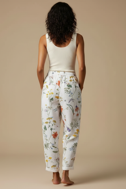 Pantalon Fluide Blanc Imprimé Floral Ample Estival - Lin - vue 2