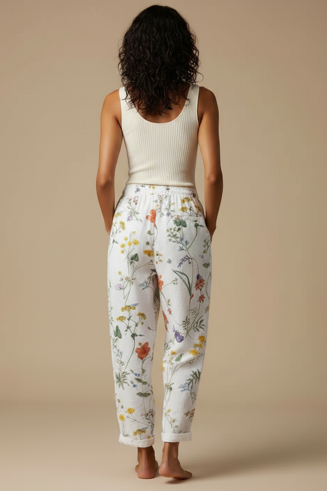 Pantalon Fluide Blanc Imprimé Floral Ample Estival - Lin - vue 2