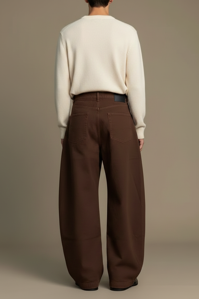 Pantalon Fluide Marron Ample Taille Haute Homme - Toile - vue 2
