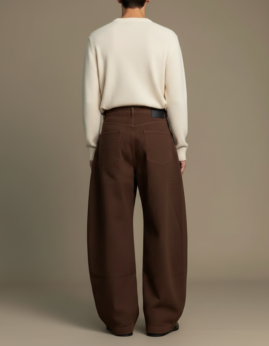 Pantalon Fluide Marron Ample Taille Haute Homme - Toile - vue 2