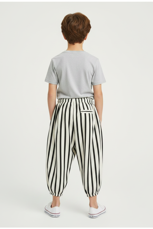 Pantalon Fluide Rayé Noir Blanc Ample Enfant - Multicolore Lin - vue 2
