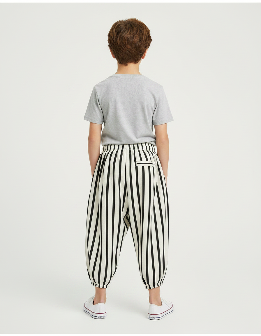 Pantalon Fluide Rayé Noir Blanc Ample Enfant - Multicolore Lin - vue 2