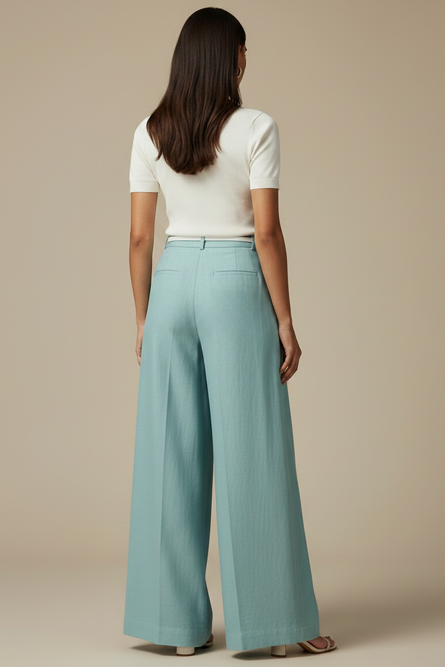 Pantalon Fluide Ample Bleu Ciel Taille Haute Lin - vue 2