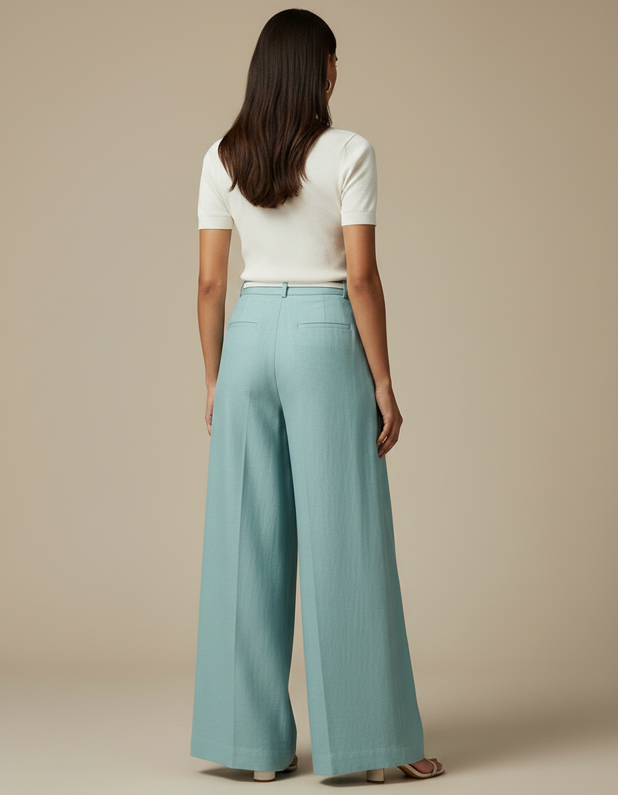Pantalon Fluide Ample Bleu Ciel Taille Haute Lin - vue 2